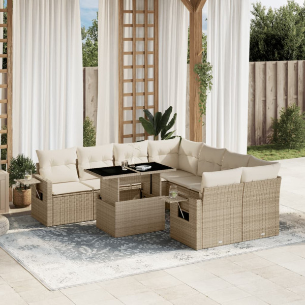 Set de sofás de jardín 9 pzas con cojines ratán sintético beige D