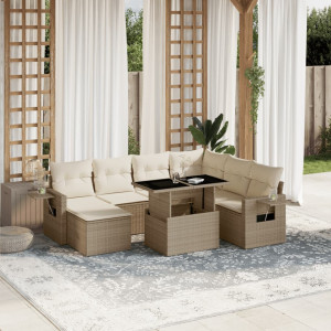 Set de sofás de jardín y cojines 8 piezas ratán sintético beige D