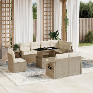 Set de sofás de jardín 9 pzas con cojines ratán sintético beige D