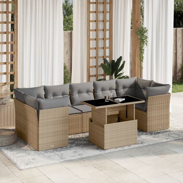 Conjunto de sofás de jardim e almofadas 8 peças bege sintético rattan D