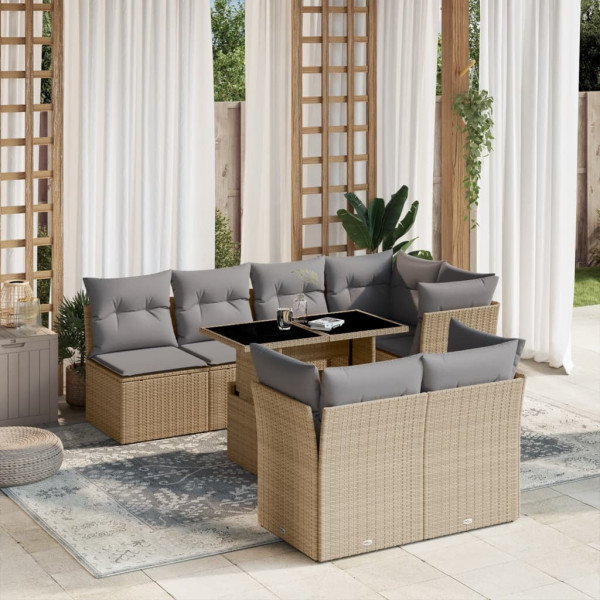 Conjunto de sofás de jardim e almofadas 8 peças bege sintético rattan D