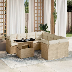 Set de sofás de jardín 9 pzas con cojines ratán sintético beige D