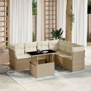 Set sofás de jardín 7 piezas y cojines ratán sintético beige D