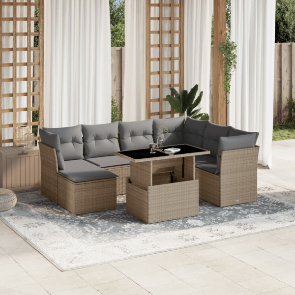 Conjunto de sofás de jardim e almofadas 8 peças bege sintético rattan D