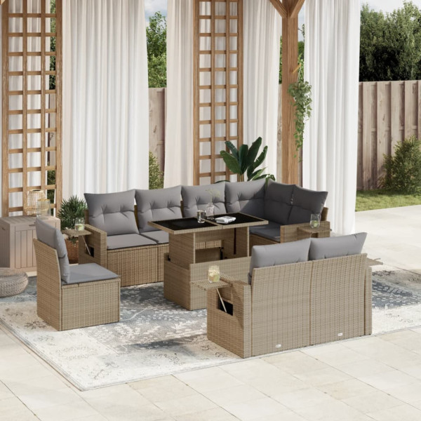 Sofá de jardim conjunto 9 pcs com almofadas de rattan sintético bege D