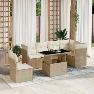 Set sofás de jardín 7 piezas y cojines ratán sintético beige D