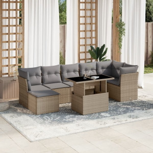 Set de sofás de jardín y cojines 8 piezas ratán sintético beige D