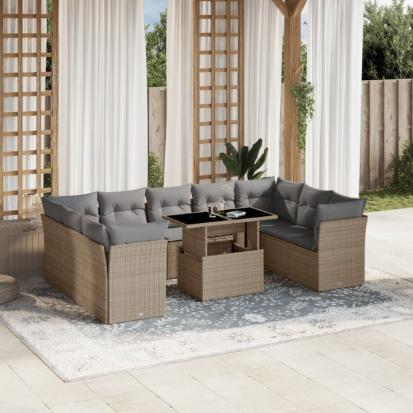 Conjunto de sofá de jardim com almofadas bege 10 peças de rattan sintético D