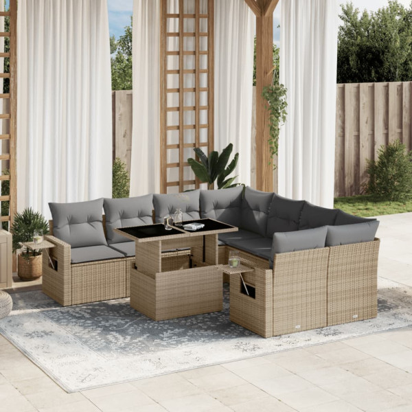 Set de sofás de jardín 9 pzas con cojines ratán sintético beige D