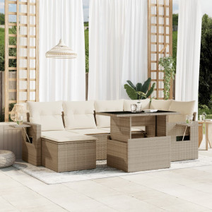 Set sofás de jardín 7 piezas y cojines ratán sintético beige D