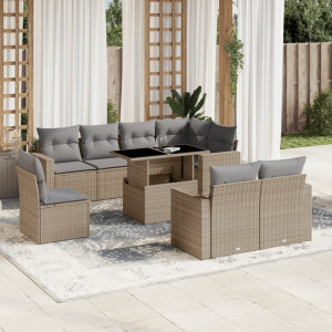 Set de sofás de jardín 9 pzas con cojines ratán sintético beige D