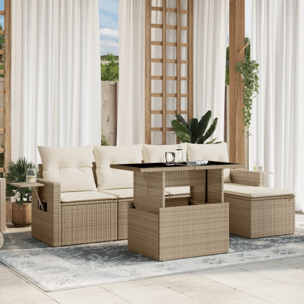 Sofá de jardim com almofadas 6 pcs bege sintético rattan D