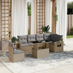 Set sofás de jardín 7 piezas y cojines ratán sintético beige D