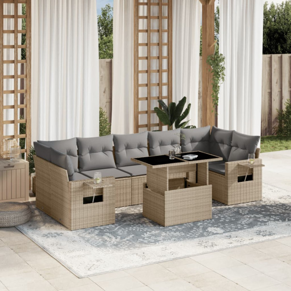 Conjunto de sofá e almofada de jardim 8 peças rattan sintético bege D