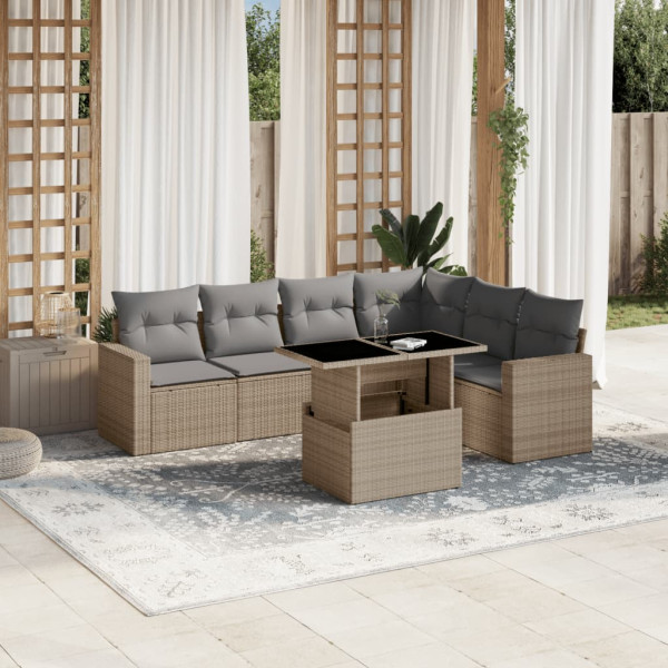 Set sofás de jardín 7 piezas y cojines ratán sintético beige D