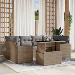 Set sofás de jardín 7 piezas y cojines ratán sintético beige D