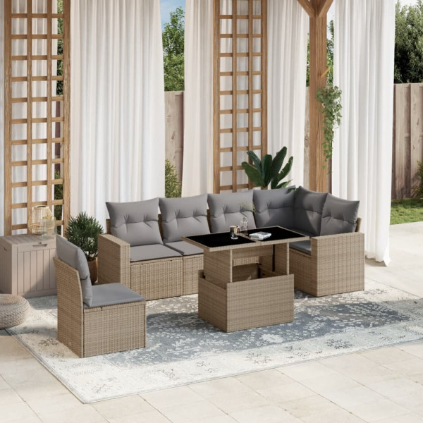 Set sofás de jardín 7 piezas y cojines ratán sintético beige D