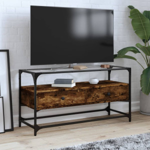 Mueble TV cristal y madera ingeniería roble ahumado 98x35x51 cm D