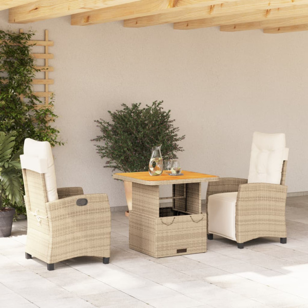 Set comedor de jardín 3 pzas con cojines ratán sintético beige D