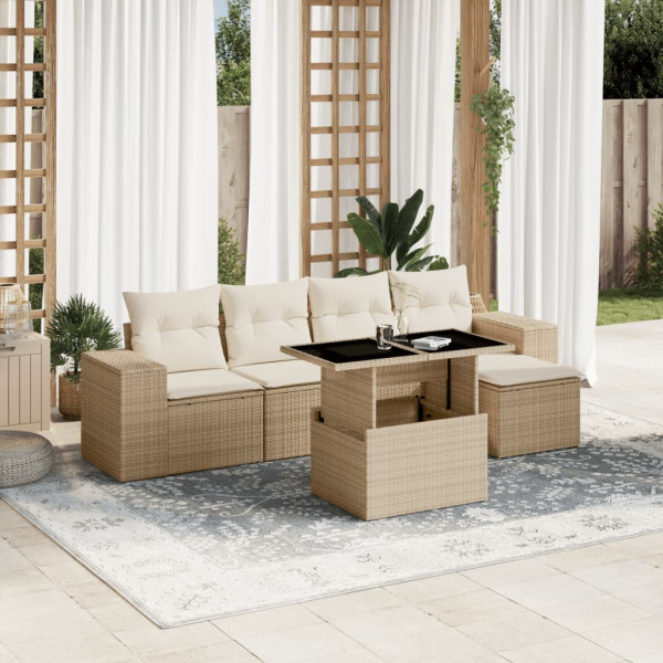 Conjunto de sofá de jardim com almofadas 6 peças de rattan sintético bege D