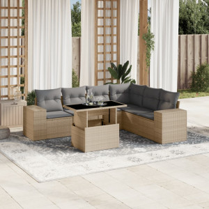 Set sofás de jardín 7 piezas y cojines ratán sintético beige D