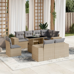 Set de sofás de jardín 9 pzas con cojines ratán sintético beige D