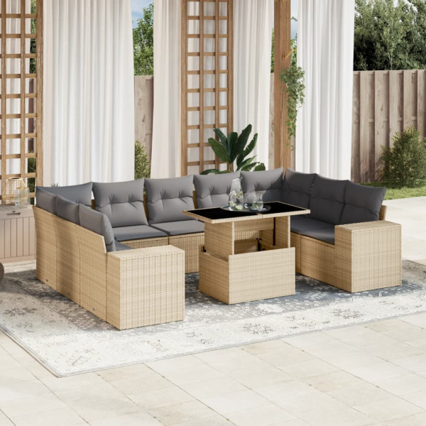 Conjunto de sofá de jardim com almofadas bege 10 peças de rattan sintético D