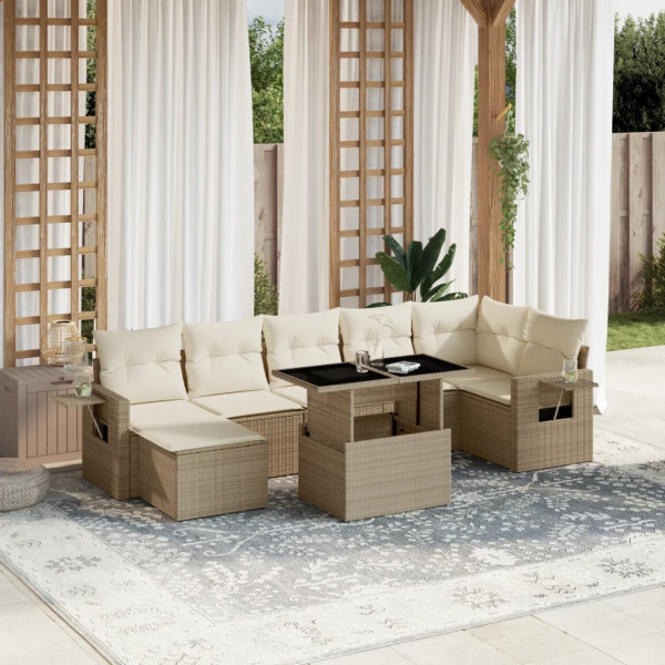 Conjunto de sofá e almofada de jardim 8 peças rattan sintético bege D