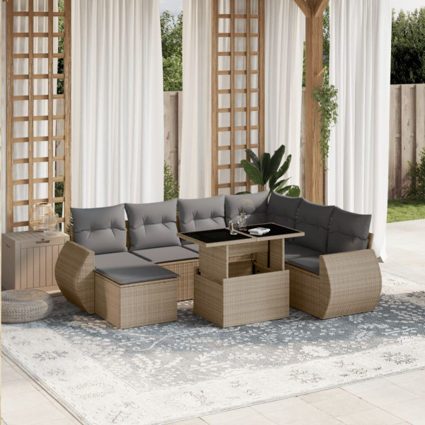 Conjunto de sofá e almofada de jardim 8 peças rattan sintético bege D