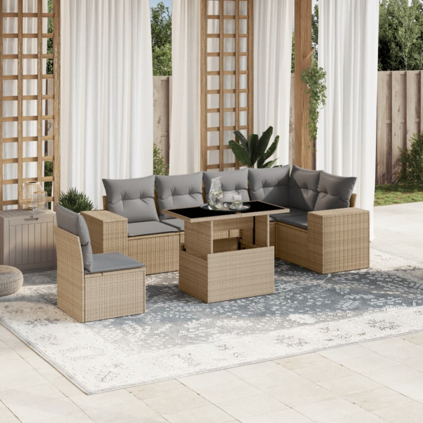 Set sofás de jardín 7 piezas y cojines ratán sintético beige D