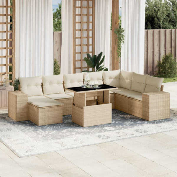 Set de sofás de jardín 9 pzas con cojines ratán sintético beige D