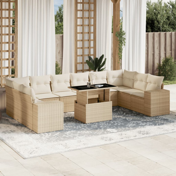 Set de sofás de jardín 11pzas con cojines ratán sintético beige D