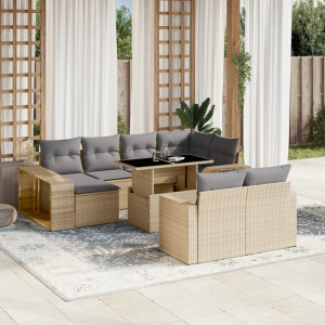 Set de sofás de jardín 11pzas con cojines ratán sintético beige D