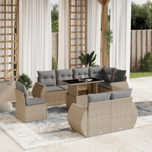 Set de sofás de jardín 9 pzas con cojines ratán sintético beige D