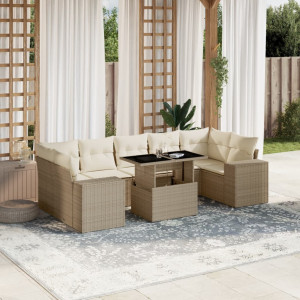 Set de sofás de jardín y cojines 8 piezas ratán sintético beige D