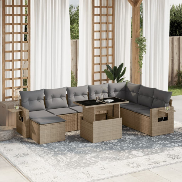 Set de sofás de jardín 9 pzas con cojines ratán sintético beige D