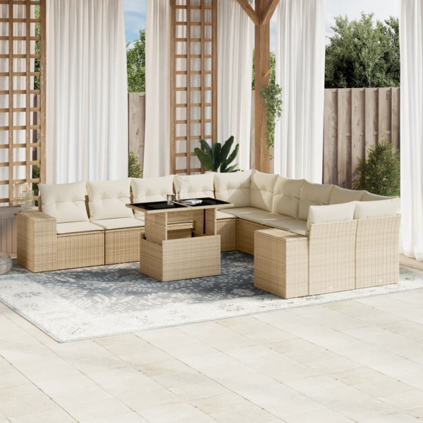 Set de sofás de jardín 11pzas con cojines ratán sintético beige D