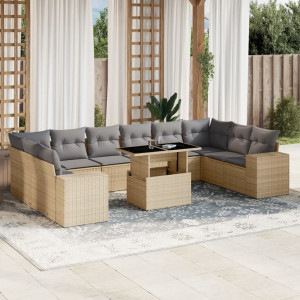 Set de sofás de jardín 11pzas con cojines ratán sintético beige D