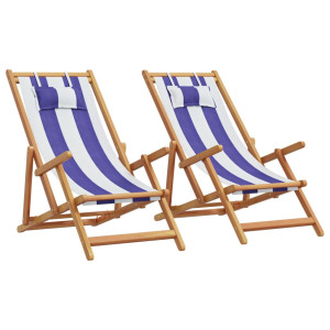 Sillas de playa plegables 2 uds tela madera maciza azul blanco D