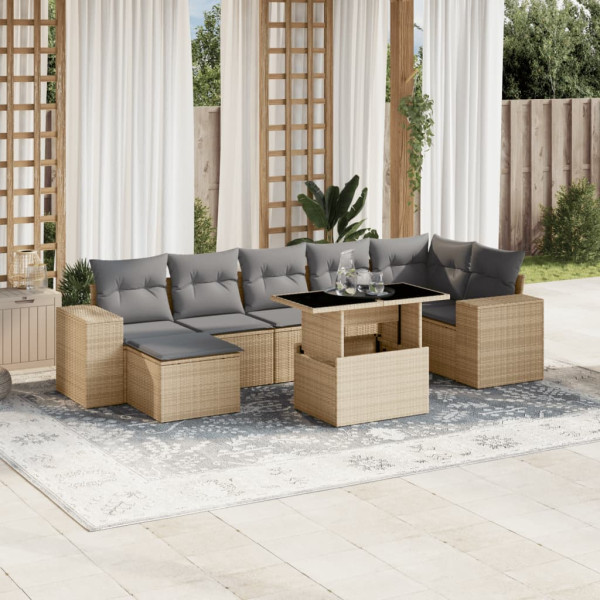 Set de sofás de jardín y cojines 8 piezas ratán sintético beige D