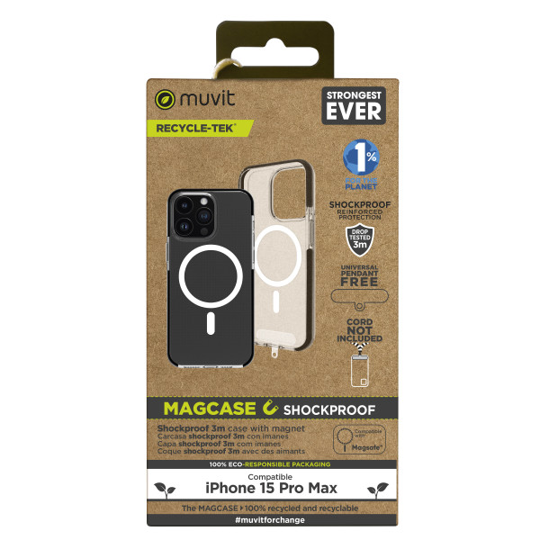 Funda muvit recycletek magsafe shockproof 3m para apple iphone 15 pro max transparente - negra D