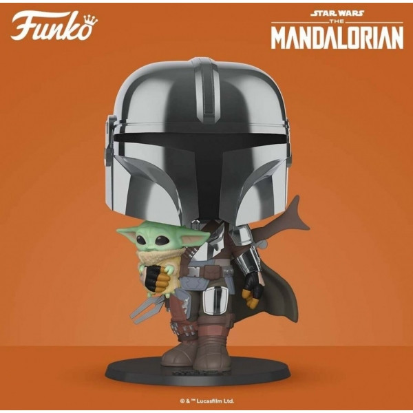 Funko pop star wars the mandalorian el mandaloriano xl version armadura cromatica con yoda en brazos 49931 D