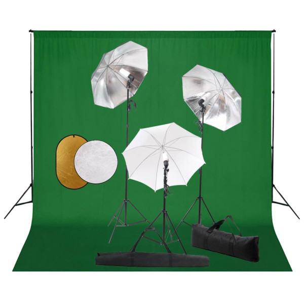 Lâmpadas de kit de estudo de fotos. parasols. fundo e reflector D