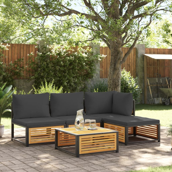 Set de sofás de jardín con cojines 5 pzas madera maciza acacia D