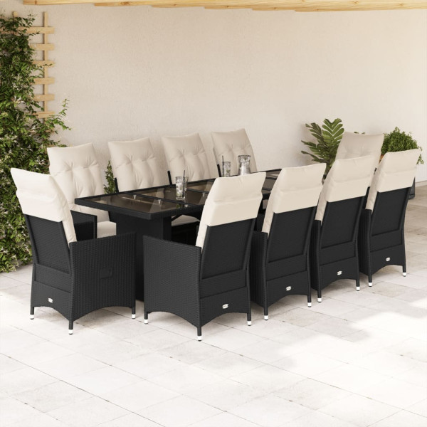 Conjunto de mesa e cadeiras de jardim de 11 peças com almofadas de vime PE preto D