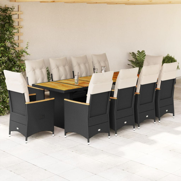 Conjunto de mesa e cadeiras de jardim de 11 peças com almofadas de vime PE preto D