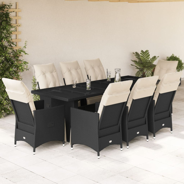 Conjunto de mesa e cadeiras de jardim de 9 peças com almofadas de vime PE preto D