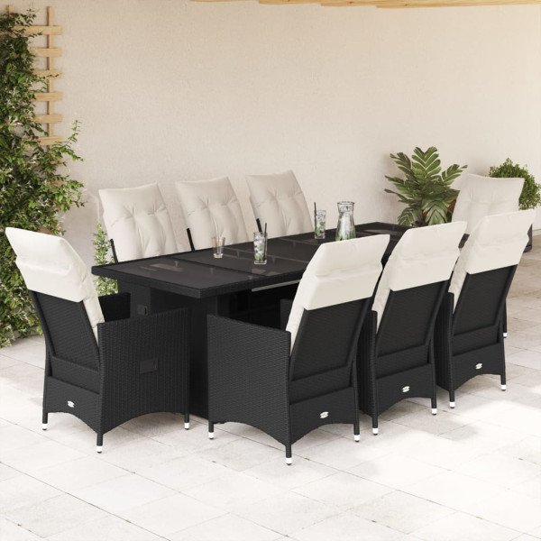 Conjunto de mesa e cadeiras de jardim de 9 peças com almofadas de vime PE preto D