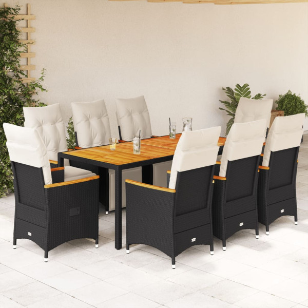 Conjunto de mesa e cadeiras de jardim de 9 peças com almofadas de vime PE preto D