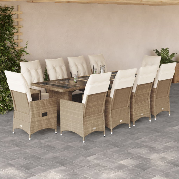 Set de mesa y sillas de jardín 11 pzas y cojines ratán PE beige D